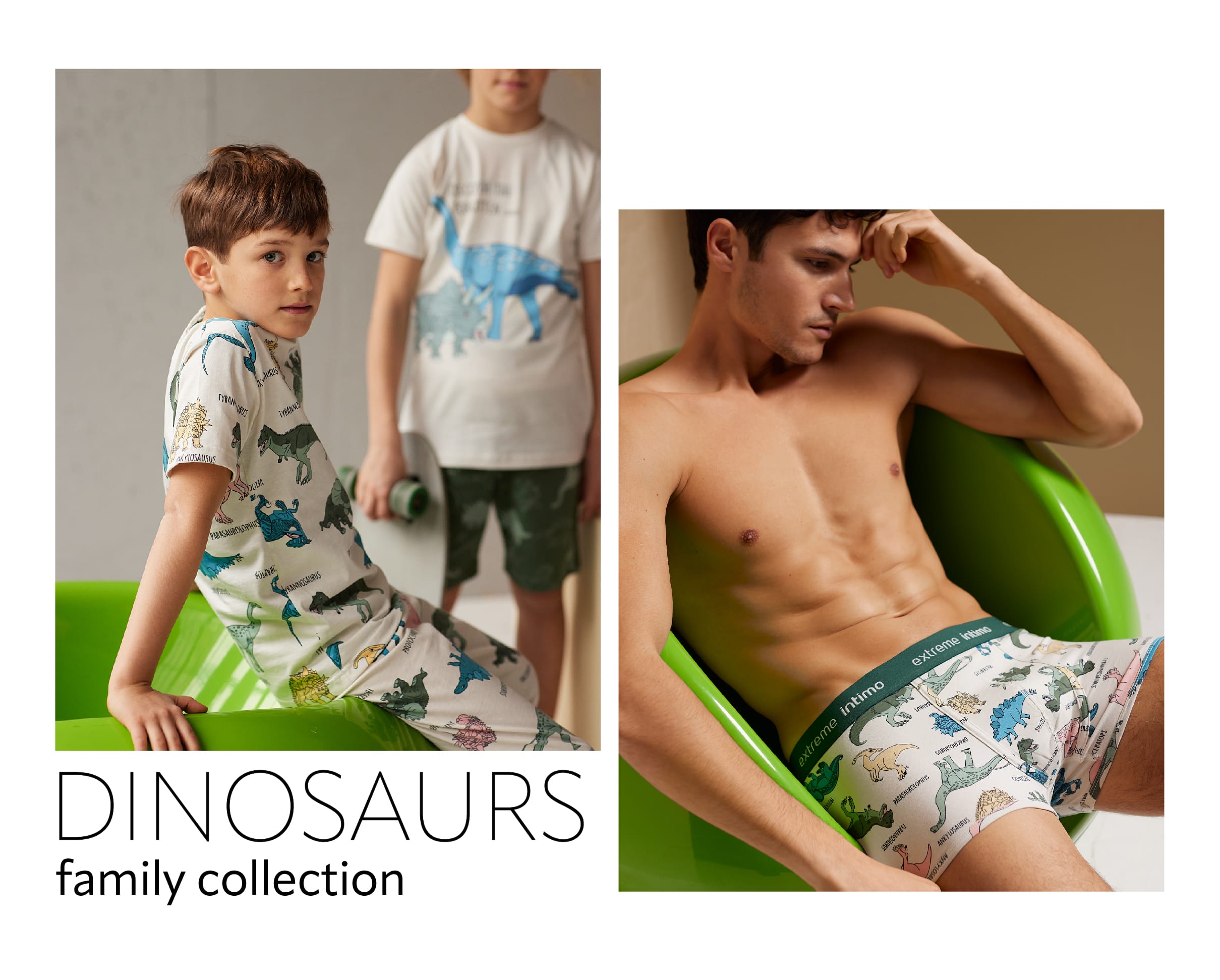 Dečak u pidžami na kratak rukav sa motivom dinosaurusa i muškarac u boksericama sa motivom dinosaurusa